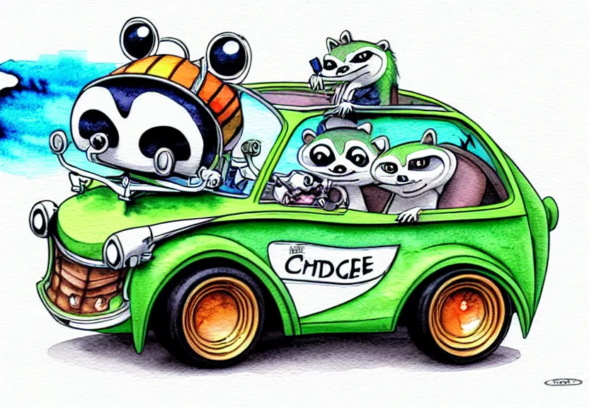 Image similar to cute and funny, racoon riding in a tiny hot rod coupe with oversized engine, ratfink style by ed roth, centered award winning watercolor pen illustration, isometric illustration by chihiro iwasaki, painting overlay by range murata