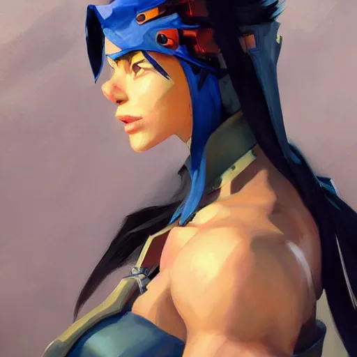 Prompt: greg manchess portrait painting of yuffi from ffvii as overwatch character, medium shot, asymmetrical, profile picture, organic painting, sunny day, matte painting, bold shapes, hard edges, street art, trending on artstation, by huang guangjian and gil elvgren and sachin teng
