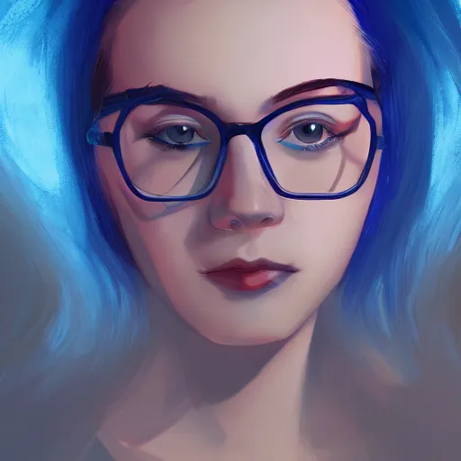 Prompt: portrait of a futuristic blue haired girl wearing glasses at sunset, dramatic lighting, artstation, ross draws