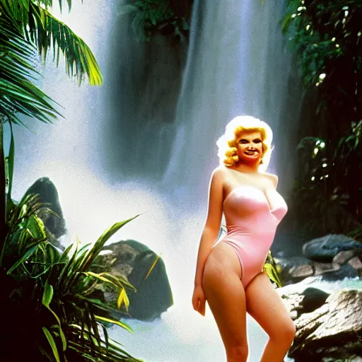 Image similar to a very beautiful sundance award winning image of jayne mansfield under a tropical waterfall, full body, pale pink bikini, cinematic lightning, golden hour, medium shot, alexa mini, cryengine, raytracing, 4 k, cinematic wallpaper by gil elvgren, robert maguire, rudolf belarski