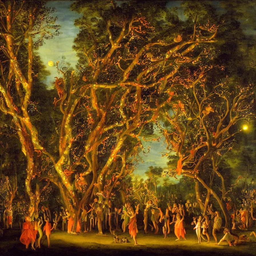 Image similar to a night carnival around a magical tree cavity, with a surreal orange moonlight and fireworks in the background, next to a lake with iridiscent water, christmas lights, folklore animals and people disguised as fantastic creatures in a magical forest by summer night, masterpiece painted by pompeo girolamo batoni, dark night environment