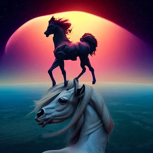 Prompt: digital art of centaur riding on top of an human astronaut back. from western by hiroyuki okiura and katsuhiro otomo and alejandro hodorovski style with many details by mike winkelmann and vincent di fate in sci - fi style. volumetric natural light photo on dsmc 3 system,