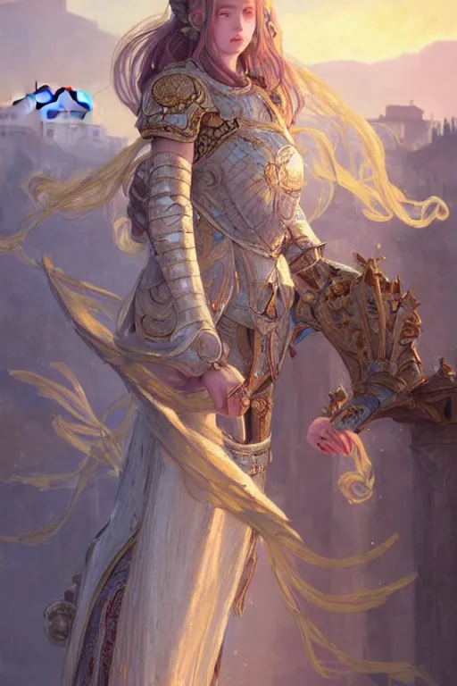 Prompt: portrait young knights of Zodiac girl, rose golden and ice blue reflected armor, in ruined Agora of Athens Sunrise, ssci-fi and fantasy, intricate and very very beautiful and elegant, highly detailed, digital painting, artstation, concept art, smooth and sharp focus, illustration, art by tian zi and WLOP and alphonse mucha