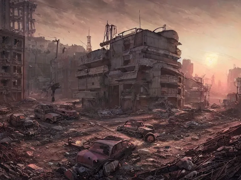 Image similar to postapocalyptic city of syzran!!!, in fallout style!!!, militaristic!!!, rubble, hyperrealistic, highly detailed, cinematic, pink sunlight, romantic, beautiful, cgssociety, artstation, 8 k, oil painting by greg rutkowski, by artgerm, by wlop