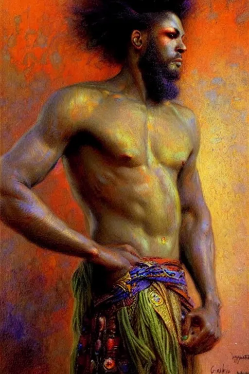 Prompt: attractive male, character design, colorful, afrofuturism, painting by gaston bussiere