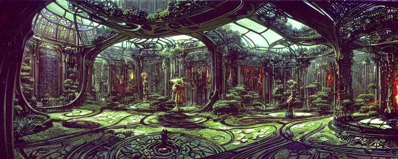 Image similar to a luxurious scifi futuristic victorian garden courtyard by killian eng, moebius, philippe druillet