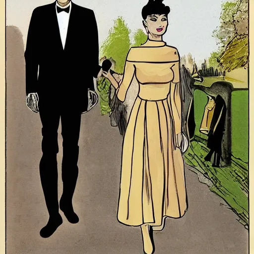 Image similar to illustration of Hubert de givenchy and Audrey Hepburn talking a walk highly detailed, cinematic