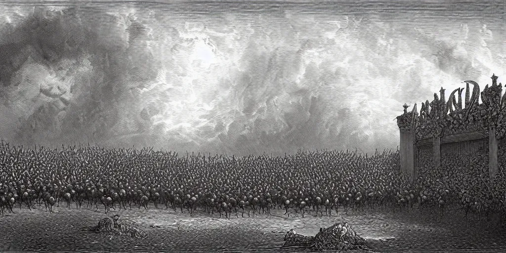 Image similar to angry geese guarding the gates of hell, art by gustave dore