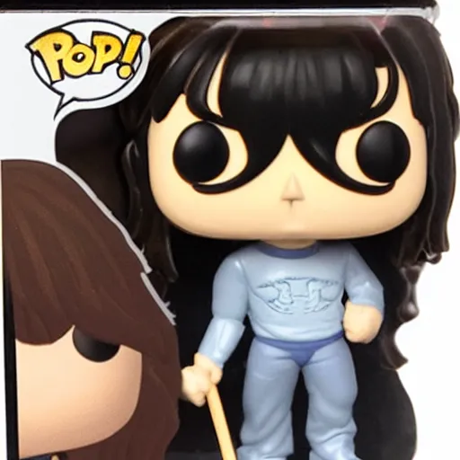 Prompt: a Funko Pop collectible of Ozzy Osbourne. long hair. holding a bat with wings in one hand