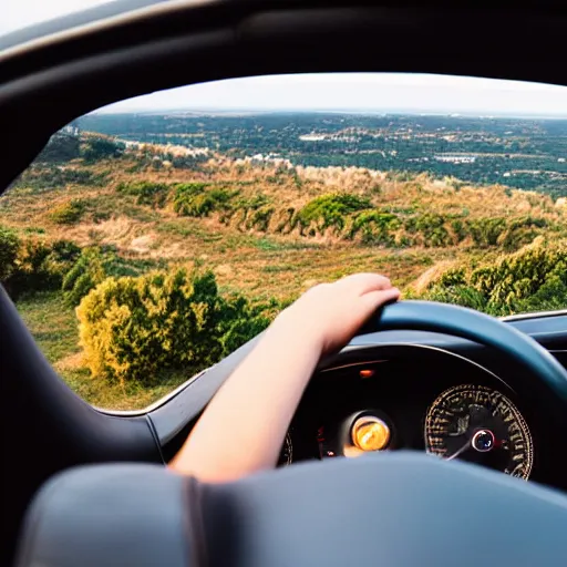 Image similar to top view of cabriolet, cat behind steering wheel looking happy, golden hour