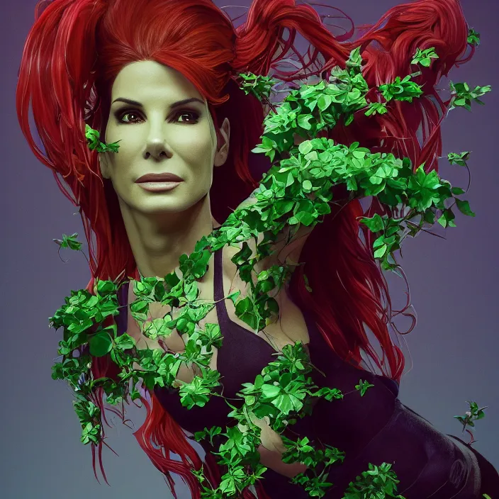 Prompt: portrait of Sandra Bullock as a Poison Ivy in Batman & Robin 1997. intricate artwork. by Tooth Wu, wlop, beeple, dan mumford. octane render, trending on artstation, greg rutkowski very coherent symmetrical artwork. cinematic, hyper realism, high detail, octane render, 8k