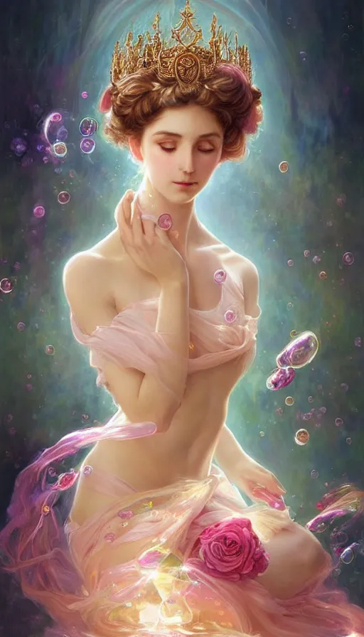 Image similar to portrait of stunning Goddess of magic, dreamy and ethereal, expressive pose, big pink eyes, peaceful expression, ornate frilly dress, fantasy, intricate, elegant, many rainbow bubbles, rose tones, highly detailed, digital painting, artstation, concept art, smooth, sharp focus, illustration, art by artgerm and greg rutkowski and alphonse mucha