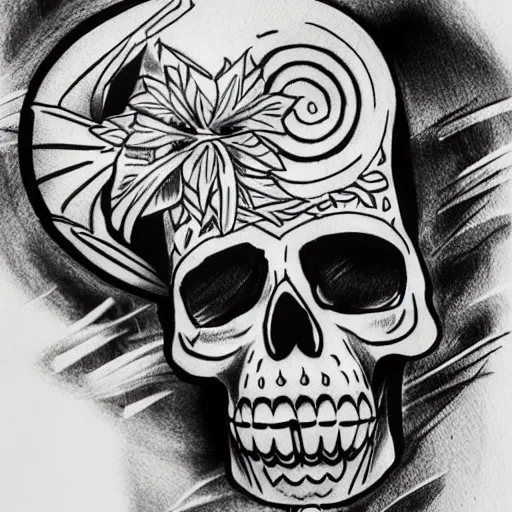 Image similar to highly detailed skull, Japanese style, tattoo ink sketch, isolated on white background