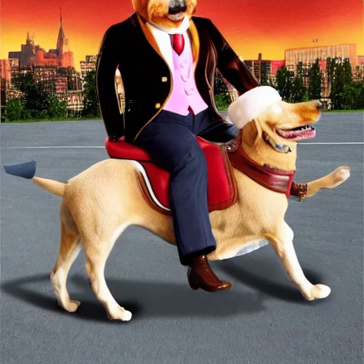 Image similar to ron burgundy smiling riding a dog and drinking chocolate yoo - hoo