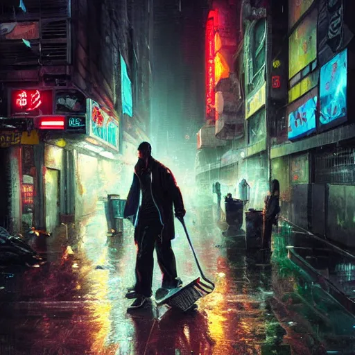 Image similar to man taking out trash near the crowded street of a cyberpunk city, rain, harsh neon lights, highly detailed, digital painting, trending on artstation, concept art, sharp focus, illustration, art by artgerm and greg rutkowski and magali villeneuve