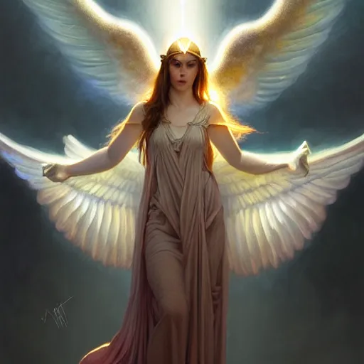 Image similar to Winged girl angel with a glowing halo, face, fantasy, intricate, elegant, dramatic lighting, highly detailed, lifelike, photorealistic, digital painting, artstation, concept art, smooth, sharp focus, illustration, art by John Collier and Krenz Cushart and Artem Demura and Alphonse Mucha and and Albert Aublet