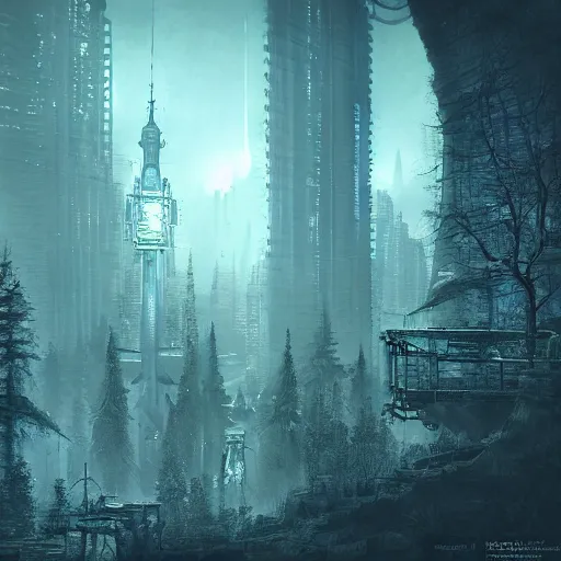 Image similar to a city high in a fairy tale forest in the style of cyberpunk in the style of dark fantasy art Trending on artstation DeviantArt Pinterest Photorealistic HD 8k highlights and shadow detailed High Resolution