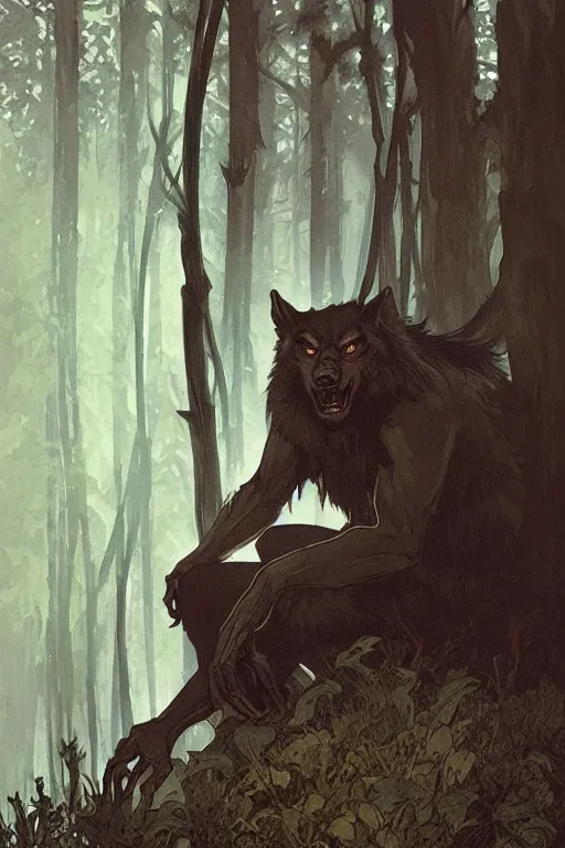 Prompt: fullbody portrait of a werewolf, bared teeth, long claws, by greg rutkowski and alphonse mucha, gradient brown to silver, in front of a forest at night background, highly detailed portrait, digital painting, artstation, concept art, smooth, sharp focus illustration