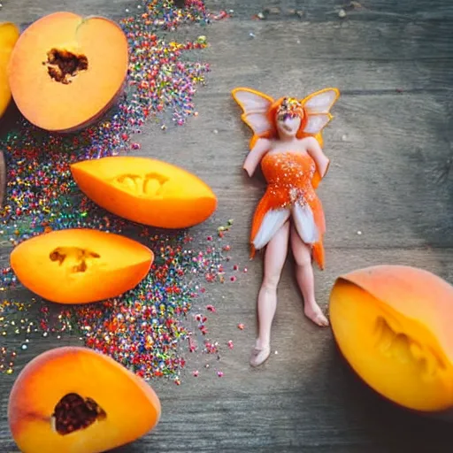 Image similar to beautiful photo of a fairy made of peaches, mangoes and sprinkles, dslr