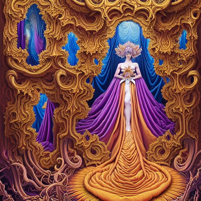 Image similar to beautiful oil painting, full length portrait of dauphinois in baroque coronation robes 1701, Dan Mumford, Dan Mumford, Alex grey, hyacinthe rigaurd, highly detailed , lsd visuals, dmt fractal patterns, hallucinogen, visionary art, psychedelic art, ornate, vaporwave, baroque, Greg rutkowski