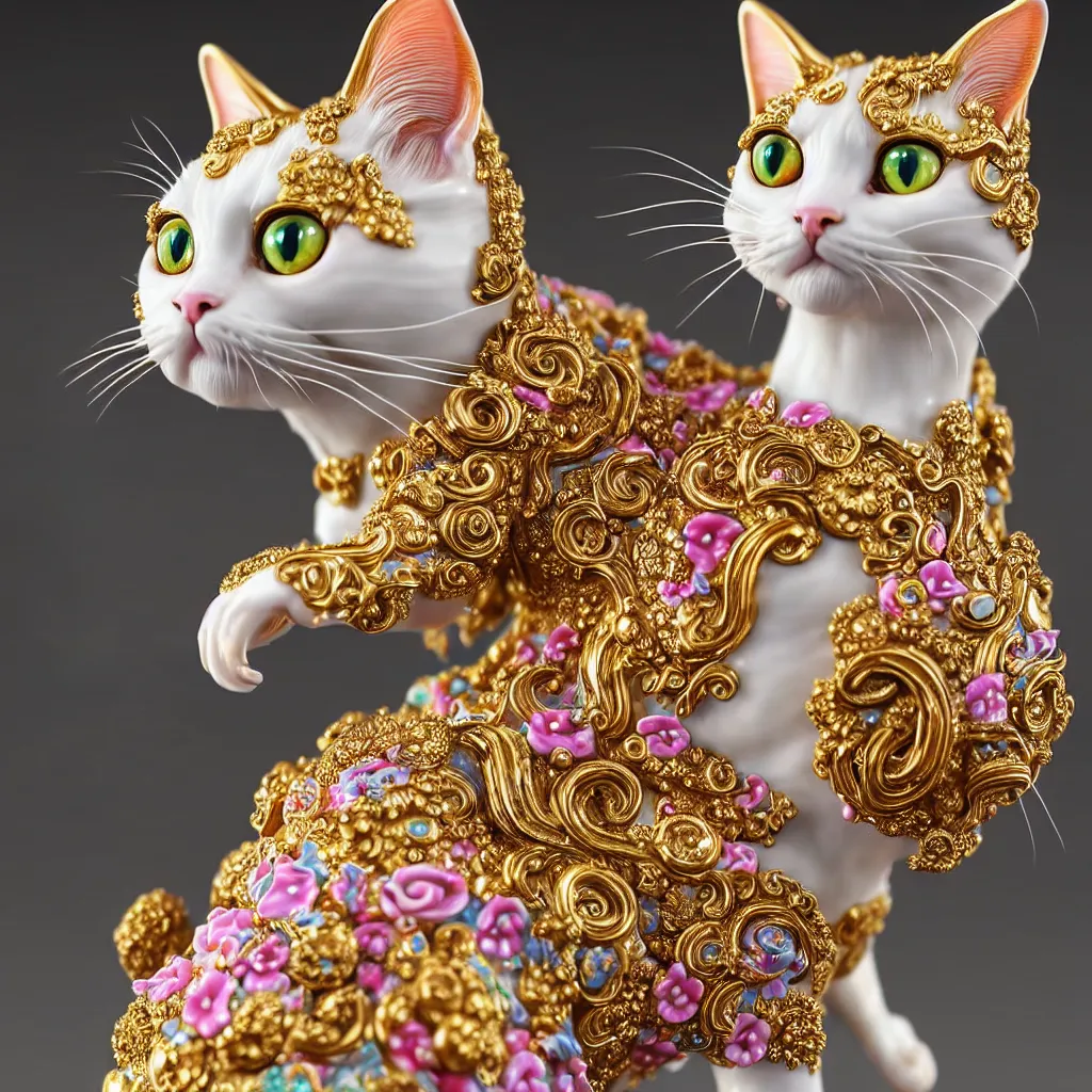 Prompt: a closeup photo - real delicate ceramic porcelain sculpture of an ornate detailed cat, made of lollypops, in front of an intricate background by rafael, micro detail, backlit lighting, subsurface scattering, translucent, thin porcelain, octane renderer, colorful, physically based rendering, trending on cgsociety