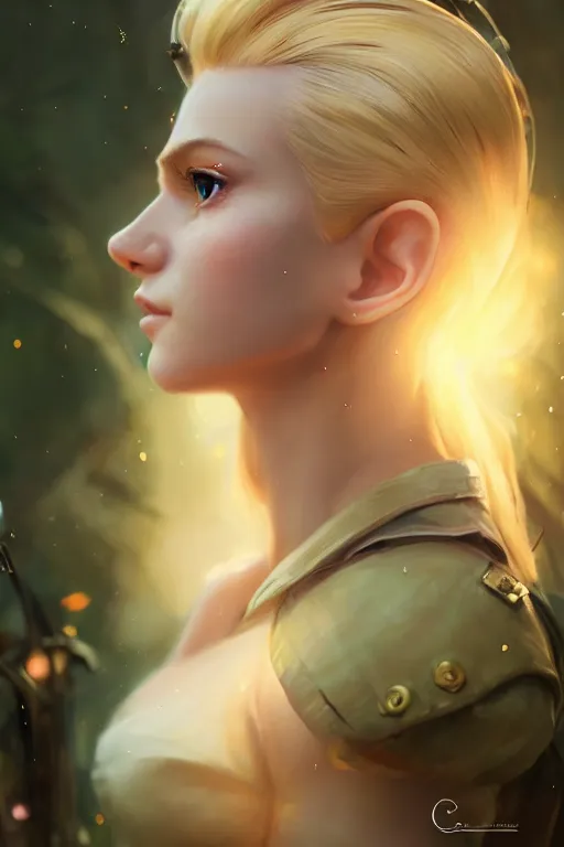 Image similar to cinematic shot of an epic portrait of a cute blonde fairy dressed in military clothes, stylised military clothes, shiny skin, beautiful eyes, beautiful, small details, night setting, realistic poster with volumetric light from craig mallism, artgerm, jeremy lipkin and michael garmash, unreal engine, radiant light, digital art, trends at art station, a masterpiece