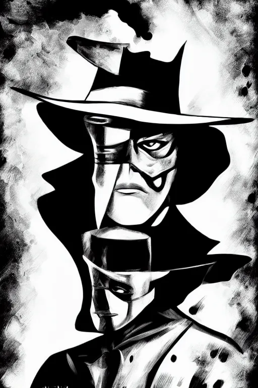 Image similar to black and white illustration of El Zorro, neo noir style, Frank Miller creative design, Josep Tapiró Baró