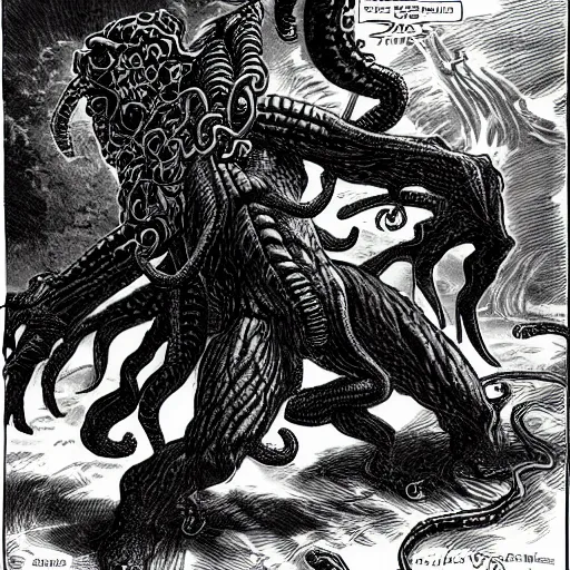 Prompt: Cthulhu fighting the the Oroborus.