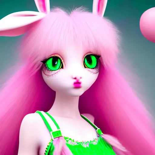 Image similar to ultrarealistic sweet bunny girl, intricate details, green eyes, 8K, long hair, fluffy, pink, lollipop, high octane