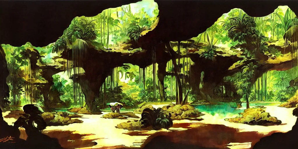 Image similar to a tropical cave that renovate as a luxury interior by syd mead, frank frazetta, ken kelly, simon bisley, richard corben, william - adolphe bouguereau