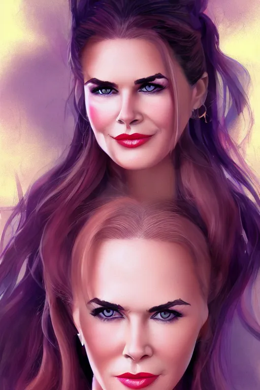 Image similar to mix of beautiful young maria shriver, mariel hemmingway, brooke shields, nicole kidman and elle macpherson as a snake girl with fangs, thin lips, hair tied up in a pony tail, dark blonde hair, colorful, artstation, cgsociety