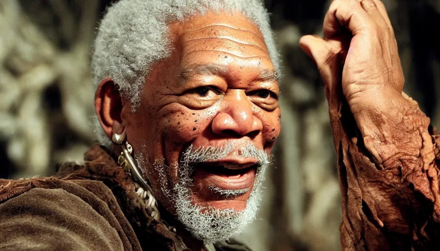 Image similar to morgan freeman starring as gimli in lord of the rings, full body, cnn news footage.