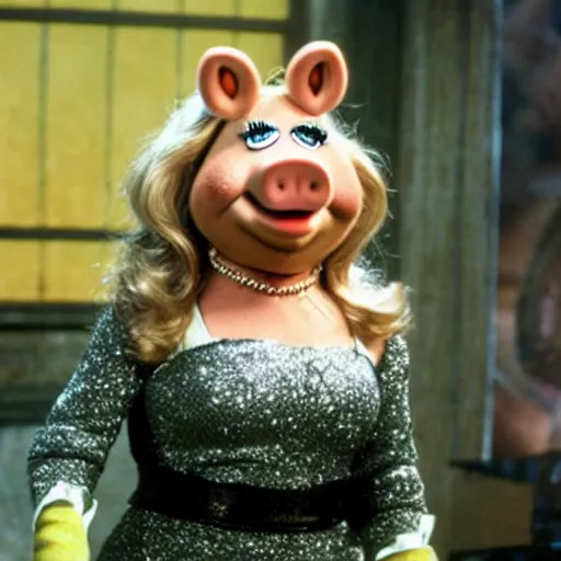 Image similar to movie still of miss piggy starring as trinity in the matrix movie