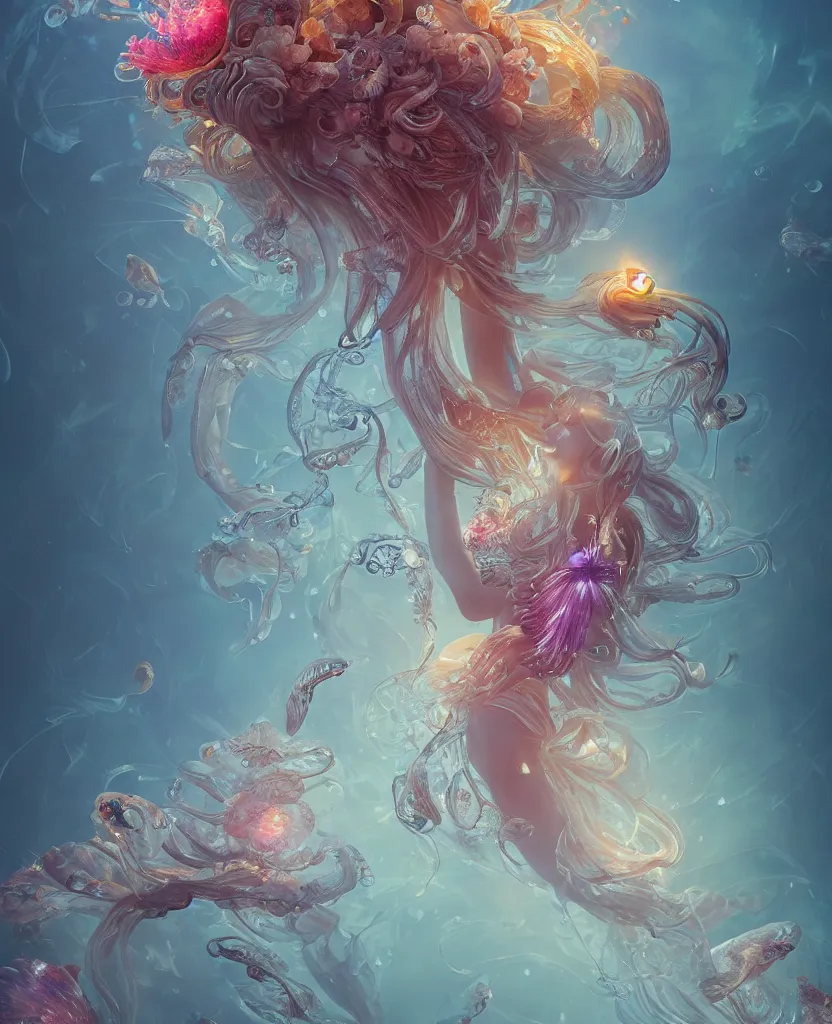 Prompt: a beautiful goddess mixed with jellyfish phoenix and bird and giant orchid, flower and giant gladiola. midsommar style, intricate, elegant, surrounded by smoke and water energy flow. translucent nautilus, highly detailed. octane render, by wlop, tooth wu, greg rutkowski, alena aenami