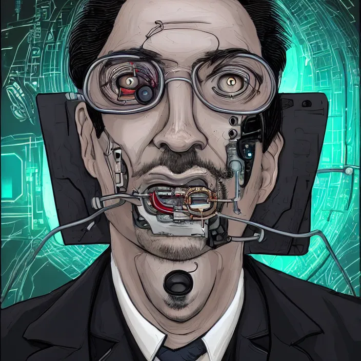 Image similar to A portrait of one! latino mad scientist male with cyborg face looking at the camera with a queasy smile!!, wearing a black suit under a white laboratory coat, in a mixed style of Botticelli and Æon Flux!!, inspired by Simon Stålenhag paintings, and cyberpunk!!!, stunningly detailed, stunning inking lines, flat colors, 4K photorealistic