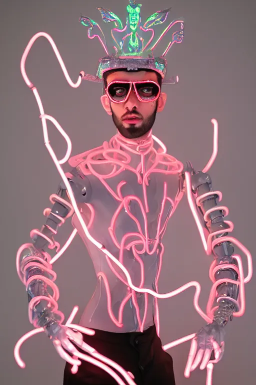 Prompt: full-body neon bladerunner porcelain baroque greek style sculpture of a young prince Zayn Malik as a high-fashion half-robot wearing retro shades with a porcelain body with an opening exposing a battery leaking radioactive liquid, electric sparks, glowing violet laser beam eyes, crown of giant rubies, flowing pink and orange neon-colored silk, luminescent fabrics, mechanical raptors. baroque and steampunk elements. full-length view. baroque element. intricate artwork by caravaggio. Very very very very highly detailed epic photo of face. Trending on artstation, octane render, cinematic lighting from the right, hyper realism, octane render, 8k, depth of field, 3D