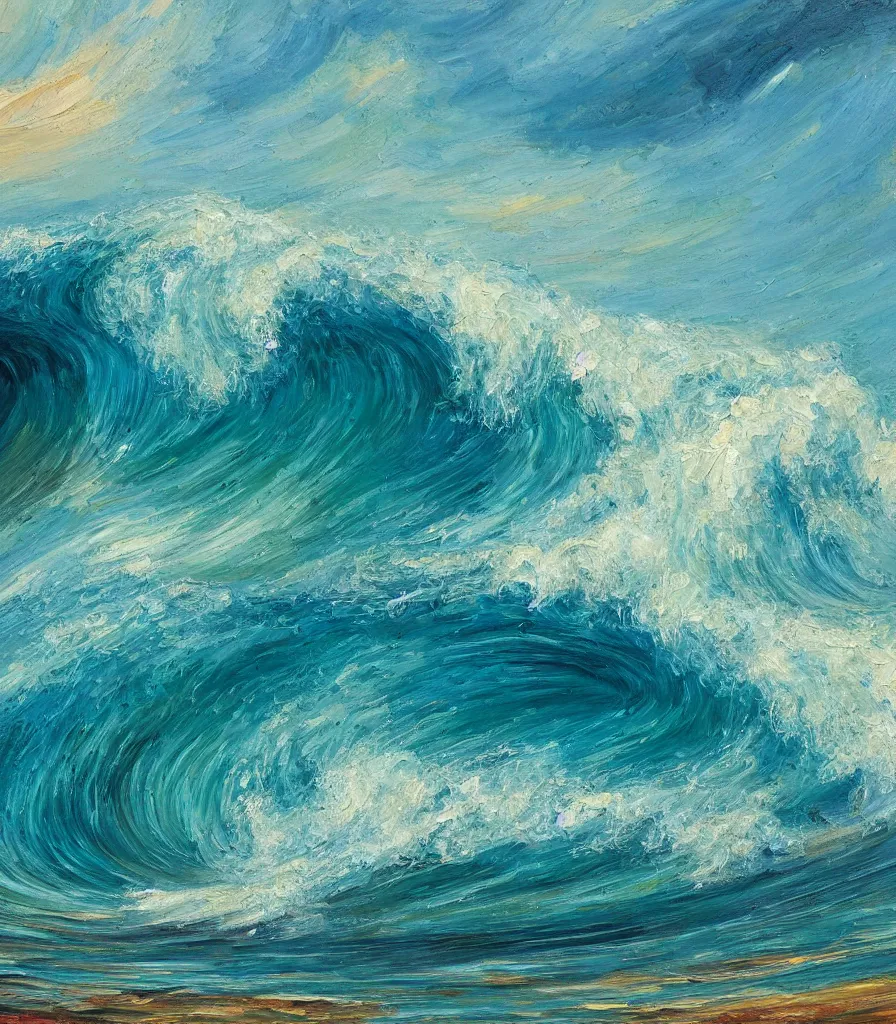 Image similar to an impasto oil painting from the inside of a barreling wave, traidic color scheme, blue and cyan colors, high detail, breathtaking wave, impressionism