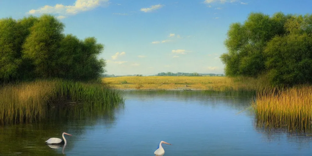 Image similar to a beautiful lake landscape in summer, reed on riverbank, stork in water, no mountains, clear sky, colorful, by Ernest deutsch + Ted Nasmith, cinematic lighting, masterpiece, highly detailed, 8k resolution, trending on art station