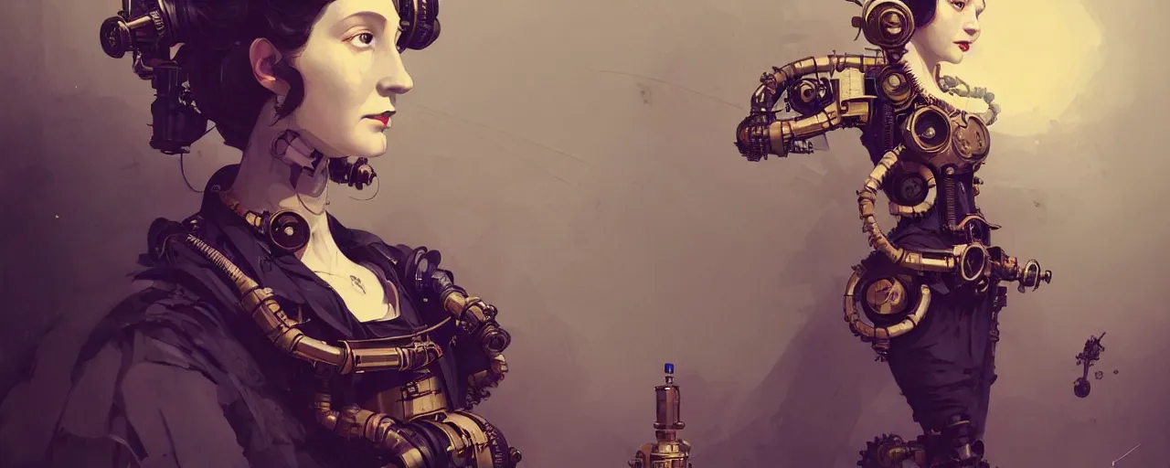 Image similar to duotone dark concept illustration 3 / 4 portrait of ada lovelace as steampunk cyborg. highly detailed mechanism cinematic lighting. fibonacci golden ratio accidental renaissance. by sachin teng and sergey kolesov and ruan jia and heng z. graffiti art, scifi, fantasy, hyper detailed. octane render. concept art. trending on artstation