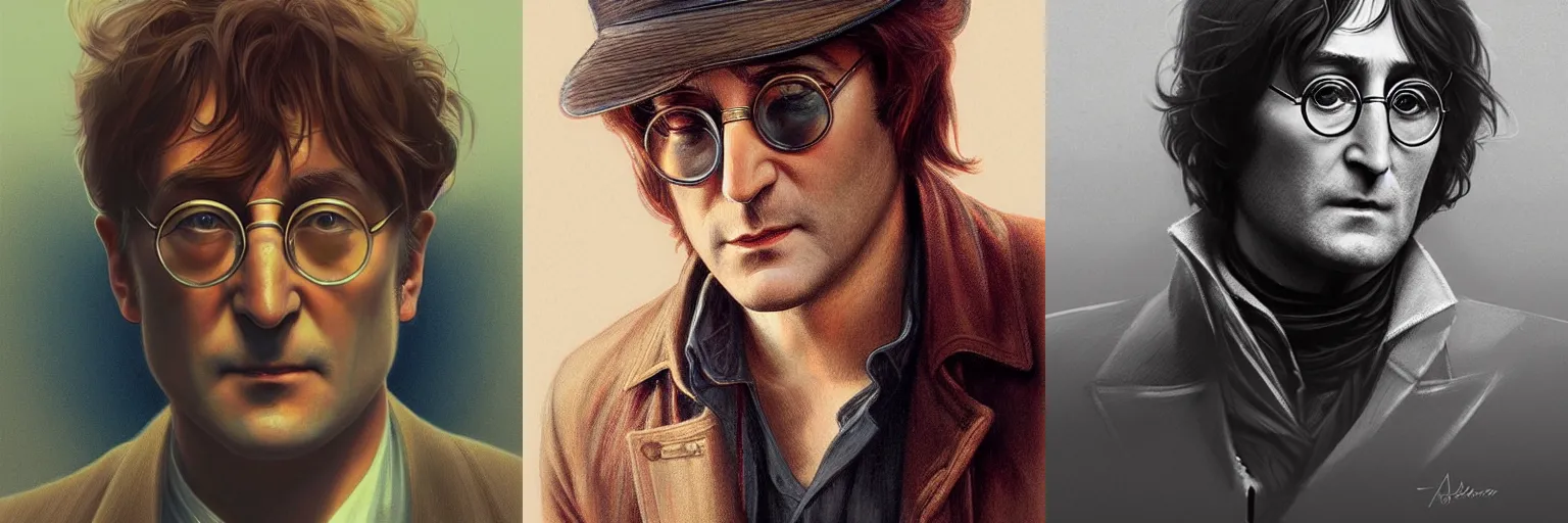 Prompt: portrait of John Lennon as a detective, highly detailed, digital painting, artstation, concept art, sharp focus, illustration, art by artgerm and greg rutkowski and alphonse mucha