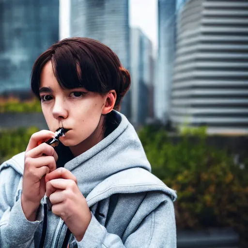 Image similar to candid photographic portrait of a poor techwear mixed young woman smoking inside a dystopian city, closeup, beautiful garden terraces in the background, sigma 85mm f/1.4, 4k, depth of field, high resolution, 4k, 8k, hd, full color