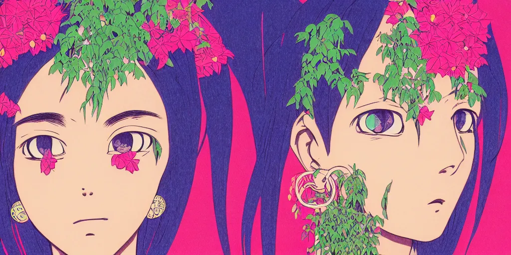 Image similar to risograph grainy painting of running man anime - like hero girl protagonist face, dull colors, with huge earrings, face covered with plants and flowers, by moebius and dirk dzimirsky and satisho kon, latex, close - up wide portrait, hyperrealistic
