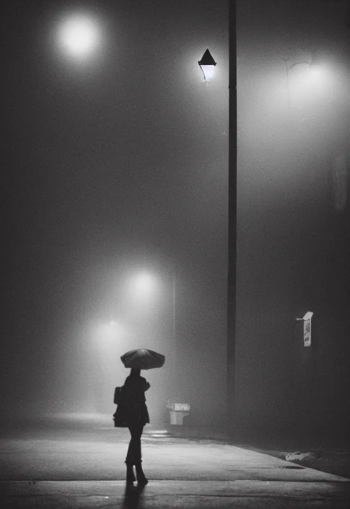 Image similar to “ quiet american neighborhood at night, a woman waiting with a black umbrella, photography in the style of gregory crewdson, mist, rule of thirds ”