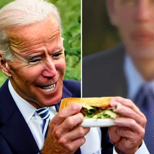 Image similar to meme of joe biden eating a sandwich, image macro, high res, realistic