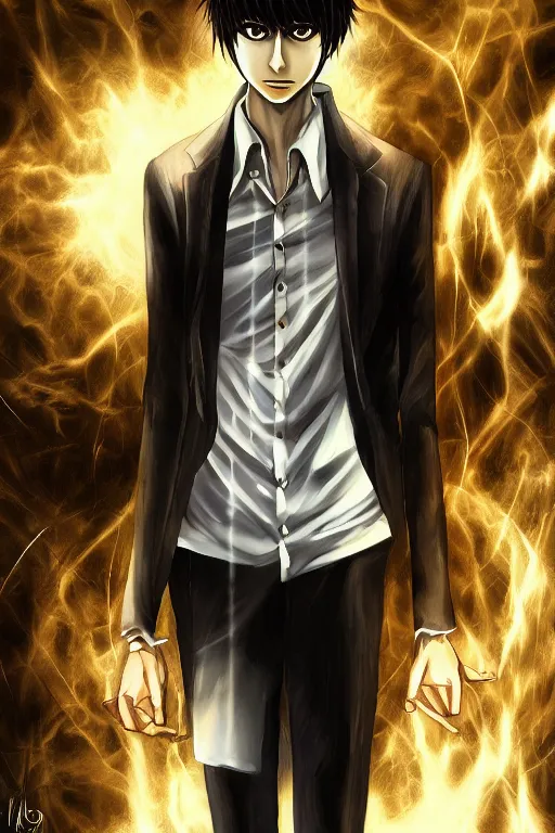 Image similar to light yagami, god of the new world, highly detailed, digital art, sharp focus, trending on art station, death note