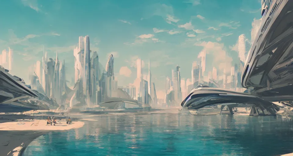 Image similar to sleek futuristic city on a coastline surrounded by greenery, blue sky, turquoise water, white sand, syd mead, alena aenami, artstation, digital painting, concept art, expansive