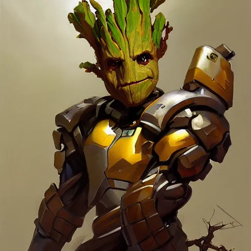 Image similar to greg manchess portrait painting of armored groot as overwatch character, medium shot, asymmetrical, profile picture, organic painting, sunny day, matte painting, bold shapes, hard edges, street art, trending on artstation, by huang guangjian and gil elvgren and sachin teng