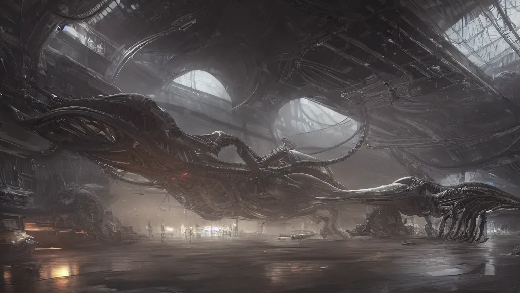 Prompt: a Photorealistic dramatic hyperrealistic,hyper detailed render by Greg Rutkowski,Craig Mullins of an Epic Sci-Fi, Gigantic Alien xenomorph spaceship inside huge interior hangar,intricate bio mechanical surface details,many tubes and cables hanging from the ceiling by,ILM,Beautiful dynamic dramatic moody lighting,Volumetric,Cinematic Atmosphere,Octane Render,Artstation,8k