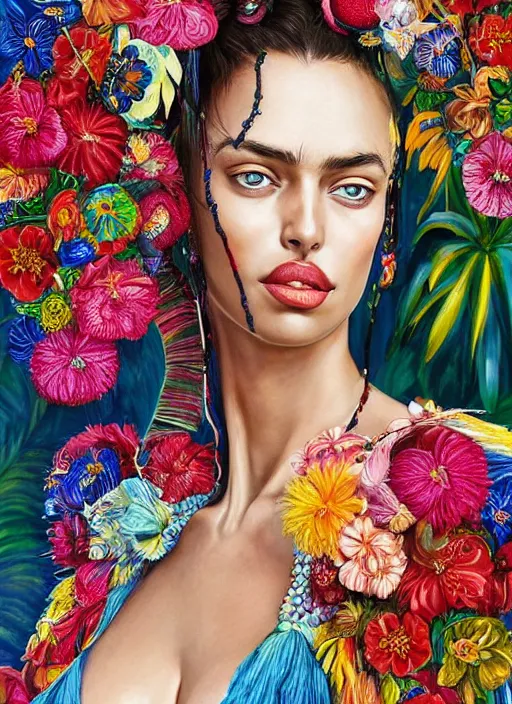 Image similar to beautiful portrait of Irina Shayk wearing fantastic Hand-dyed cotton dress,embellished beaded feather decorative fringe knots ,colorful pigtail,subtropical flowers and plants,symmetrical face,intricate,elegant,highly detailed,8k,post-processing,digital painting,trending on pinterest, GUCCI,vogue,concept art, sharp focus, illustration, by artgerm,Tom Bagshaw,Lawrence Alma-Tadema,greg rutkowski,alphonse Mucha