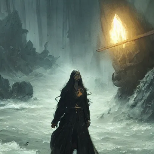 Prompt: abhorsen walking through river of death, oil painting, Tooth Wu, Greg Rutkowski, RPG portrait, dynamic lighting, fantasy art, High contrast, depth of field